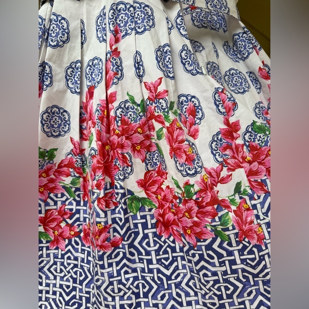 TALBOTS Mosaic Floral Sateen Pink Blue Cotton Stretch Fit & Flare Dress Sz 16WP - Picture 12 of 15